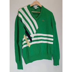 Vintage lacoste mens medium kelly green and white sweater cotton knit pullover